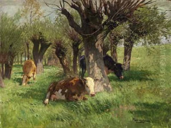 Liegendes Weidevieh In Sommerlandschaft Oil Painting by Franz Gustav Hochmann