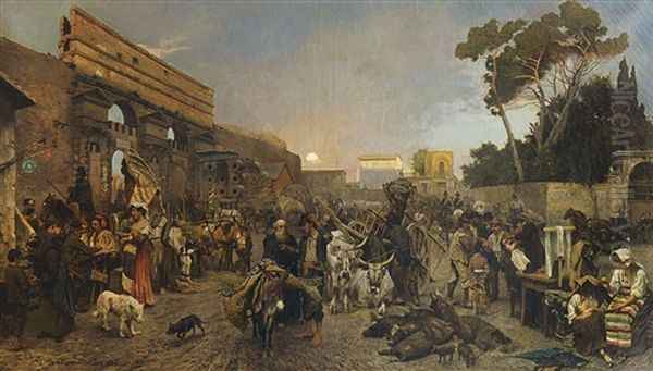 Abendliches Treiben An Der Porta Maggiore In Rom Oil Painting by Franz Gustav Hochmann