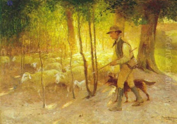 Farehyrde Med Hund Og Talrige Far I Skovlysning Oil Painting by Franz Gustav Hochmann