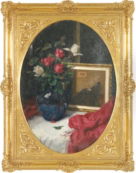 Stilleben Mit Blumen, Gemalde Und Tuchern Oil Painting by Ernst Hochschartner