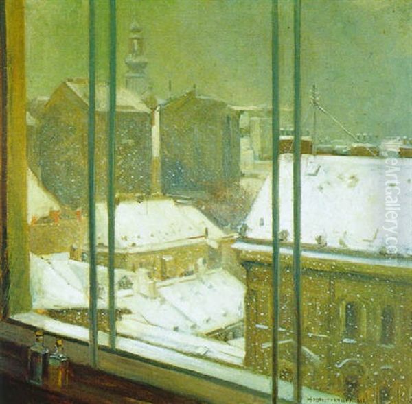 Blick Aus Dem Atelierfenster Auf Verschneite Dacher Oil Painting by Ernst Hochschartner