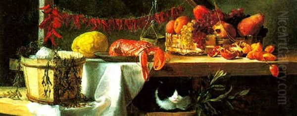 A Still Life With A Cat Oil Painting by Daniel Hock