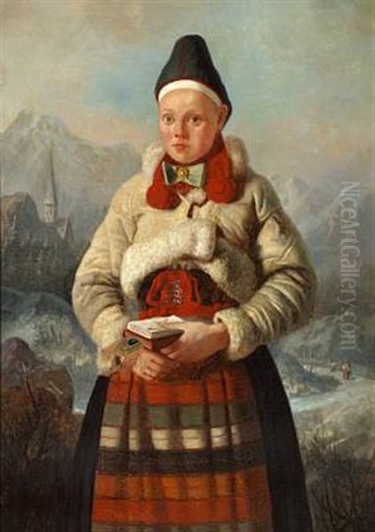 A Swedish Girl In A Traditional Dress From Rattvik Oil Painting by Johan Fredrik Hoeckert