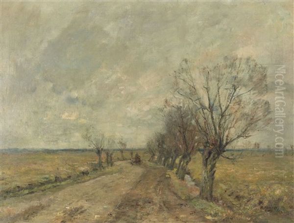 Marschlandschaft Mit Weidenallee Und Reiter Oil Painting by Rudolf Hoeckner