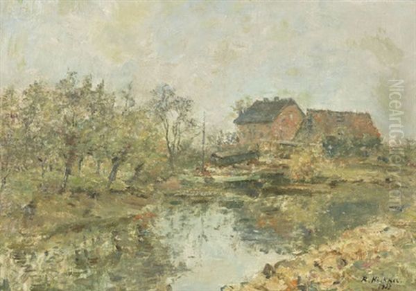 Bauerngehoft Mit Teich Oil Painting by Rudolf Hoeckner