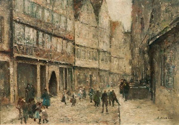 Street Scene With Children And Musicians Oil Painting by Rudolf Hoeckner