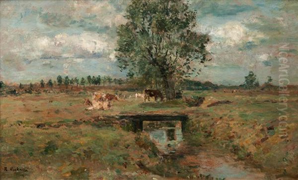 Landscape With Creek And Cows Oil Painting by Rudolf Hoeckner