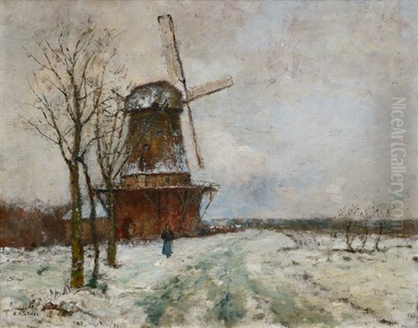 Winter Landscape With Mill And Walker Oil Painting by Rudolf Hoeckner