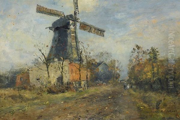 A Village Road In Front Of A Mill Oil Painting by Rudolf Hoeckner