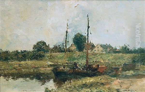 Fischerboote In Einem Kleinen Elbhafen Oil Painting by Rudolf Hoeckner