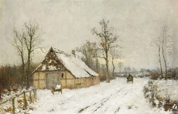 Winterlandschaft Mit Bauernhof Und Pferdefuhrwerk Oil Painting by Rudolf Hoeckner