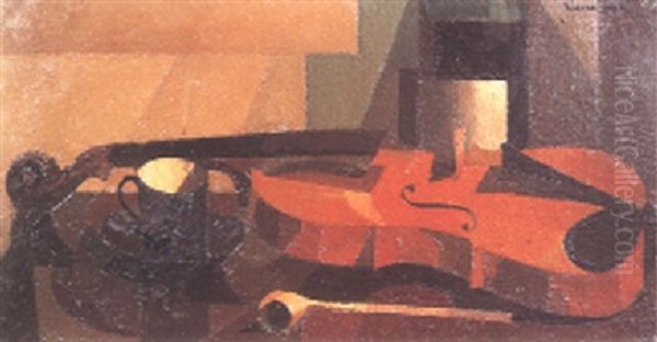 Composition Au Violon Et A La Tasse De Cafe Oil Painting by Pierre Hode