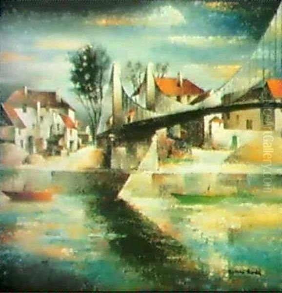 Le Pont Suspendu A Conflans Oil Painting by Pierre Hode