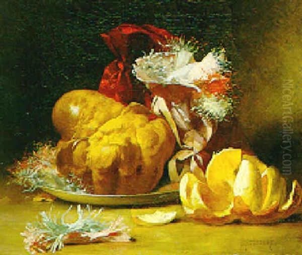 Stilleben Mit Brioche, Bonbons Und Orange Oil Painting by Leon Auguste Cesar Hodebert