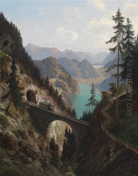 Die Pilatus Bahn Im Hintergrund Der Vierwaldstatter See Oil Painting by Ernst Hodel the Elder