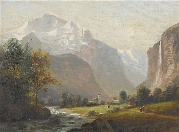 Lauterbrunnental Mit Staubbachfall Und Jungfrau Oil Painting by Ernst Hodel the Elder