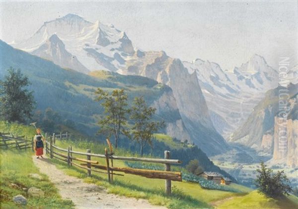 Wegrand Mit Blick Auf Lauterbrunnental Und Jungfrau Oil Painting by Ernst Hodel the Elder