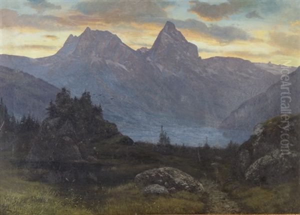 Abendsonne Uber Den Mythen Mit Lauerzersee Oil Painting by Ernst Hodel the Elder