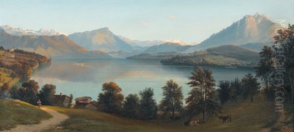 Idyllische Ansicht Des Vierwaldstattersees Mit Pilatus Oil Painting by Ernst Hodel the Elder