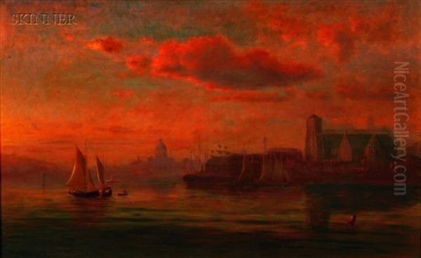 Harbor Twilight (the Cathedral Of The Holy Cross?) Oil Painting by Sylvester Phelps Hodgdon