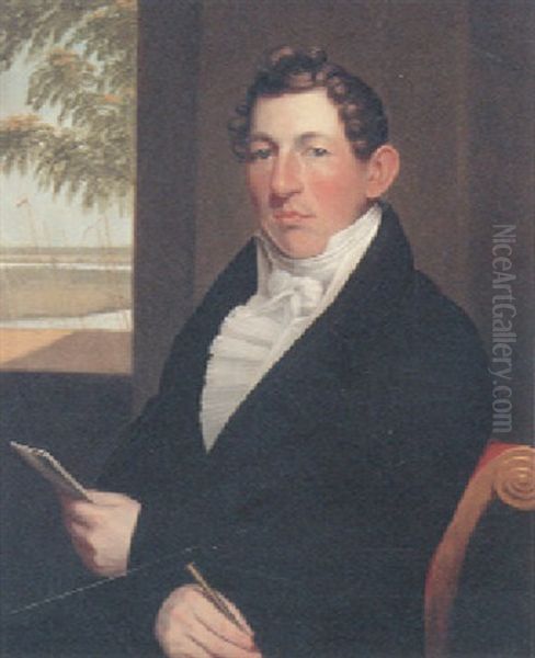 Portrait Of A Gentleman, Wearing A Black Jacket With White Shirt, Holding Paper And A Pen Oil Painting by Charles Howard Hodges