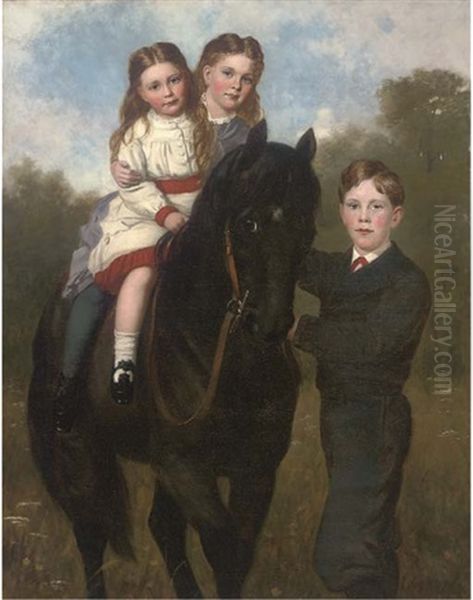 Portrait Of The Cherwynd Children, Full-length, Two Girls On A Horse Being Held By Their Brother, In A Paddock Oil Painting by Sydney Hodges