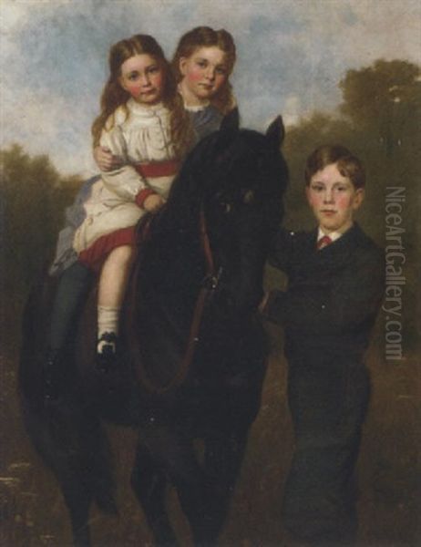 Portrait Of The Chetwynd Children, Two Girls On A Horse Being Held By Their Brother, In A Paddock Oil Painting by Sydney Hodges