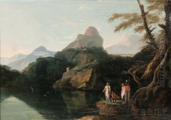 Italianate Landscape With Mountains, River, Ruins, And Foreground Allegori Oil Painting by William Hodges