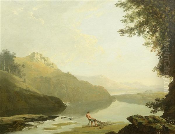 A Mountainous River Landscape With A Fisherman Hauling In His Nets Oil Painting by William Hodges