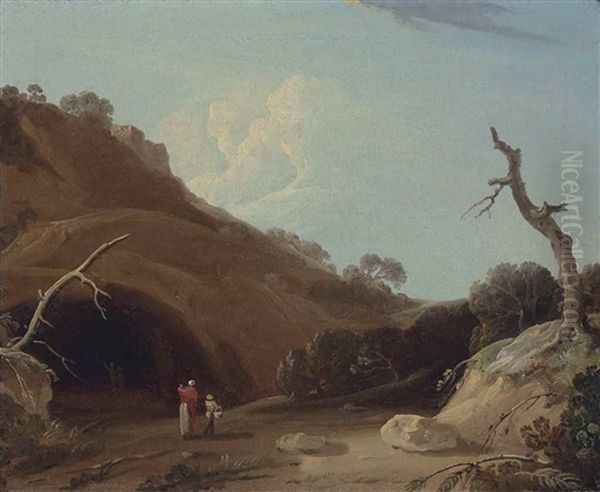 A Hilly Indian Landscape With Figures Passing By A Cave Oil Painting by William Hodges