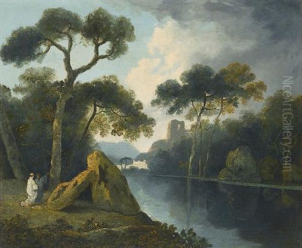 A River Landscape With Monks Conversing By A Pair Of Megaliths, With Ruins Beyond Oil Painting by William Hodges