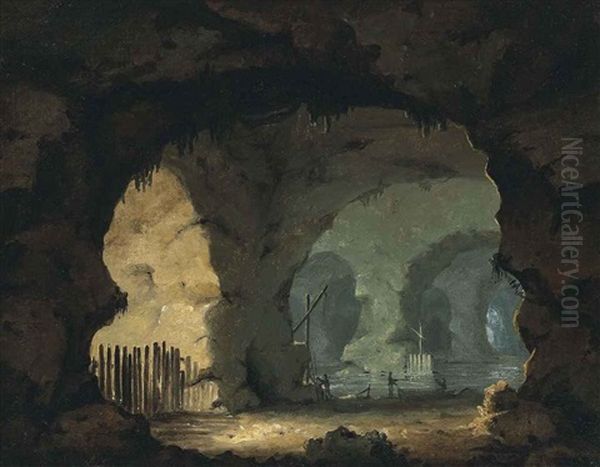 A Sea Cave Interior With Figures And Boats (after Jacques Courtois) Oil Painting by William Hodges