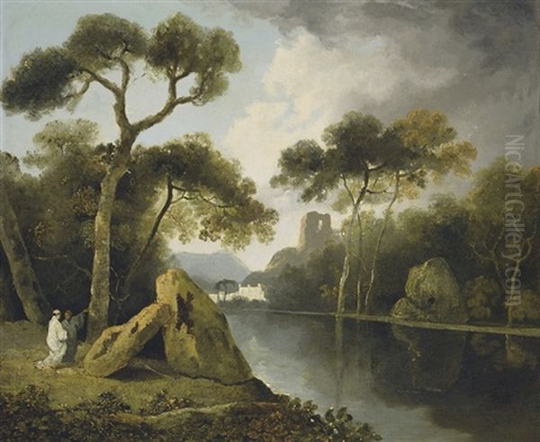 A River Landscape With Monks Conversing By A Pair Of Megaliths, Ruins Beyond Oil Painting by William Hodges