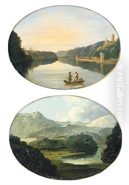 A View Of The Rhine In Germany (+ A View Of The Mountains Of Switzerland; Pair) Oil Painting by William Hodges