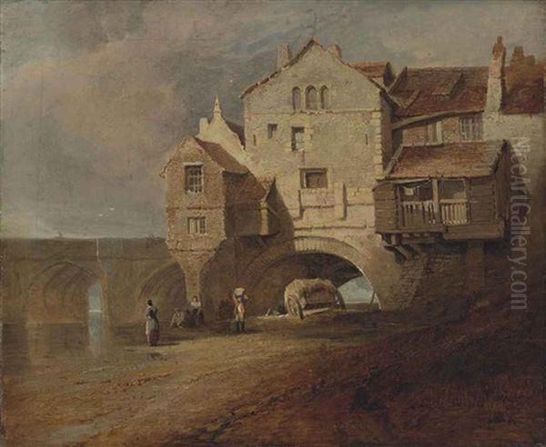 Elvet Bridge, Durham, With Figures On The Bank Of The River Wear Oil Painting by David Hodgson