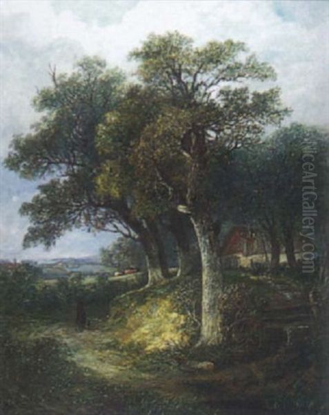 Man And His Dog On A Path Near Colney, Norwich Oil Painting by David Hodgson