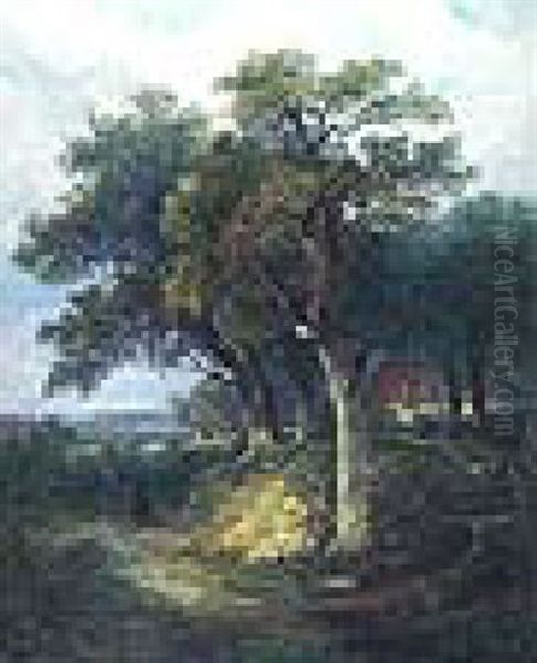 Man And His Dog On A Path Near Colney, Norwich Oil Painting by David Hodgson