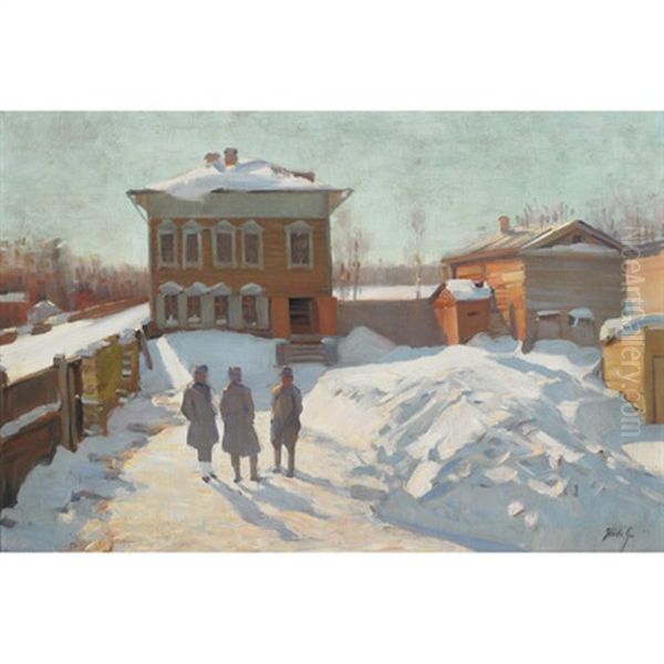 Officers In A Compound, Winter Oil Painting by Geza Hodi