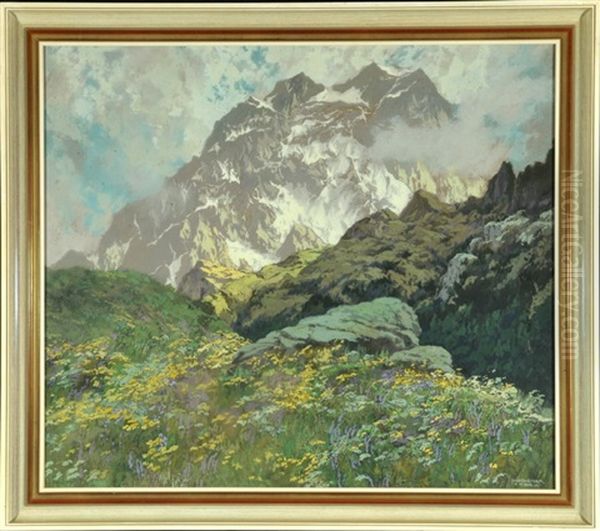 Berggipfel Mit Bluhender Bergwiese Oil Painting by Hugo Hodiener (Hodina)