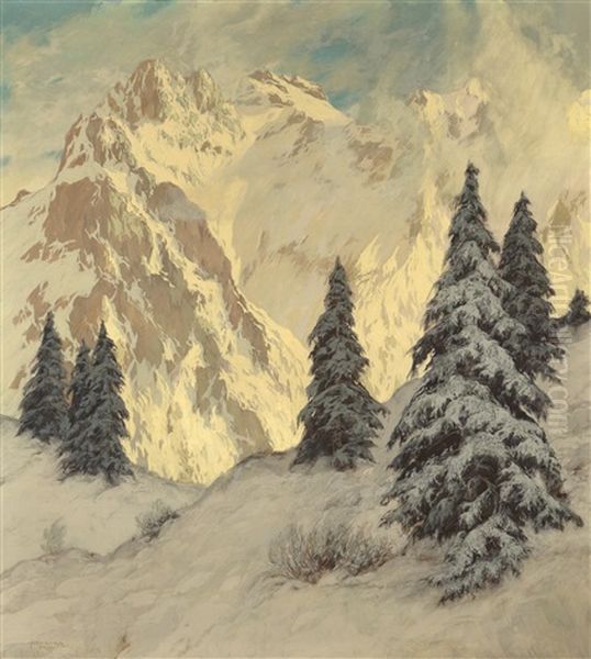 Winterabend Im Karwendell Oil Painting by Hugo Hodiener (Hodina)