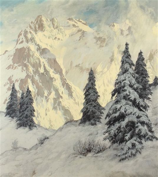 Winterabend Im Karwendel Oil Painting by Hugo Hodiener (Hodina)