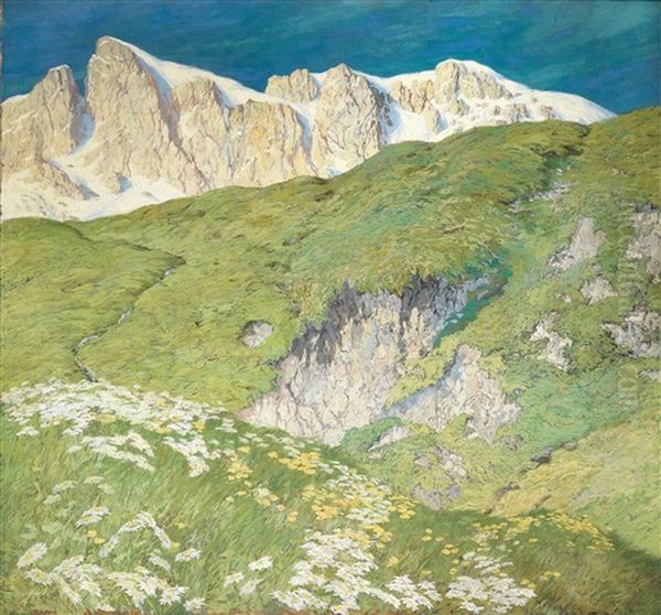 Gebirgskette (mit Schlern, Sudtirol?) Oil Painting by Hugo Hodiener (Hodina)