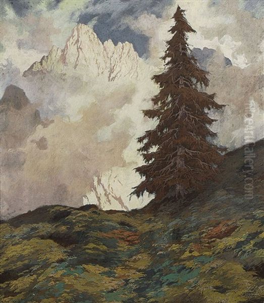 Fichte Im Gebirge Oil Painting by Hugo Hodiener (Hodina)