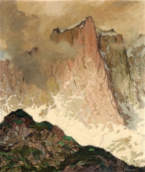 Berggipfel (dolomiten?) Mit Voruberziehenden Nebelschwaden Oil Painting by Hugo Hodiener (Hodina)