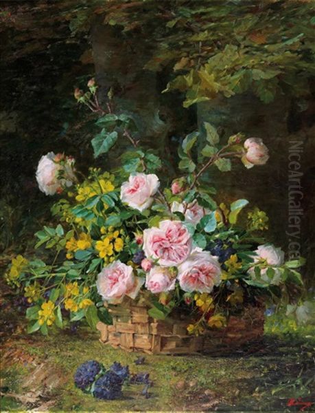 Bouquet Of Roses In A Wicker Basket Oil Painting by Marie (Mme. Beloux-Hodieux) Hodieux