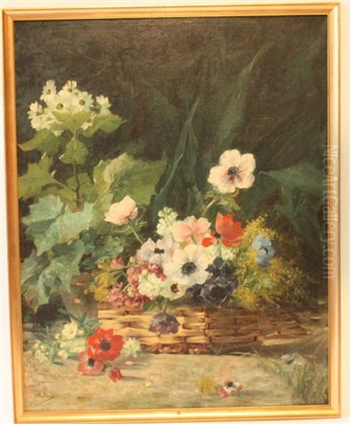 Composition Representant Une Nature Morte Aux Anemones Dans Un Panier Oil Painting by Marie (Mme. Beloux-Hodieux) Hodieux