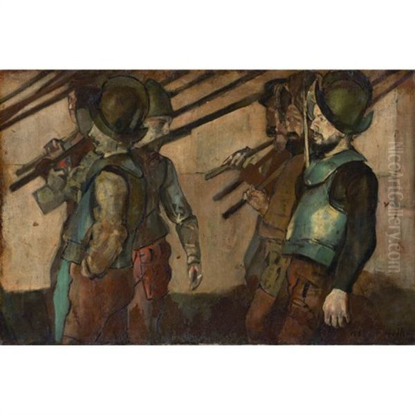 Deux Rangs De Soldats Du Cortege De L'escalade, 1886 (two Rows Of Soldiers Of The Procession For The Escalade, 1886) Oil Painting by Ferdinand Hodler