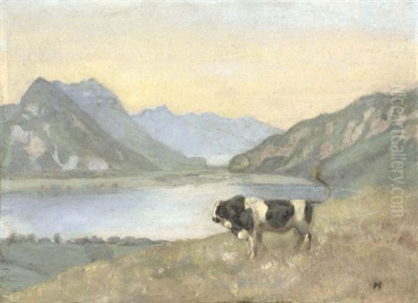 Thuner- Und Brienzersee Mit Freiburgstier (lake Thun And Brienz With Freiburg Simmental Bull) Oil Painting by Ferdinand Hodler