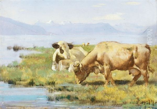 Kuhe Am Seeufer (cows At Lakeshore) Oil Painting by Ferdinand Hodler