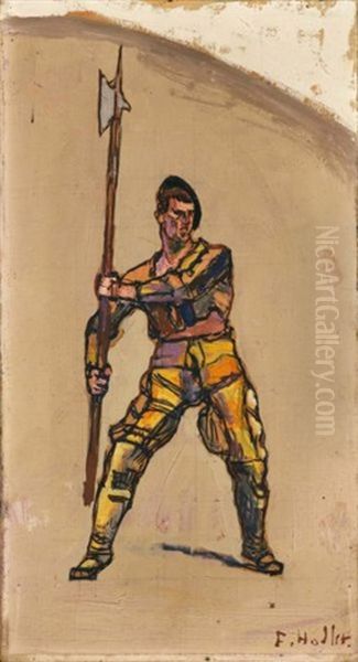 Krieger Mit Hellebarde (rechte Figur Zum Mittelfeld Des Ruckzug Von Marignano) (warrior With Halberd - Figure At Right Near Centre Of Retreat From Marignano) Oil Painting by Ferdinand Hodler